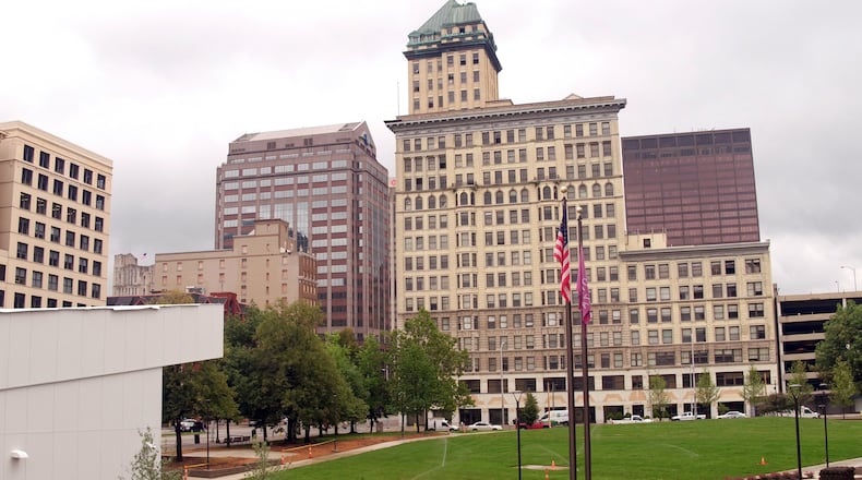 A view of the Centre City Building at 40 S. Main St. from the Levitt Pavilion Dayton. TY GREENLEES / STAFF