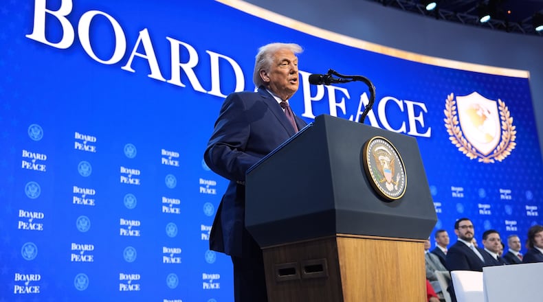 President Donald Trump speaks during a Board of Peace charter announcement during the Annual Meeting of the World Economic Forum in Davos, Switzerland, Thursday, Jan. 22, 2026. (AP Photo/Evan Vucci)