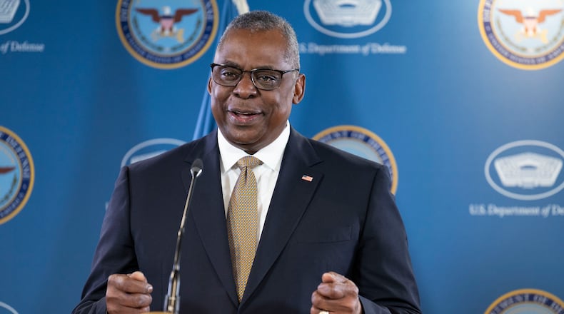 Defense Secretary Lloyd Austin holds a press briefing with Chairman of the Joint Chiefs of Staff Gen. Mark Milley at the Pentagon on Thursday, May 25, 2023, in Washington. (AP Photo/Kevin Wolf)