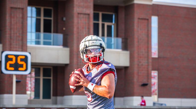 Miami quarterback Brett Gabbert drops back to pass during the RedHawks's first day of camp on Thursday at Yager Stadium. Miami Athletics photo