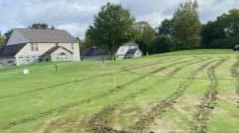 A photo of the tire tracks on Beavercreek Golf Club. Courtesy of the Beavercreek Police Department.