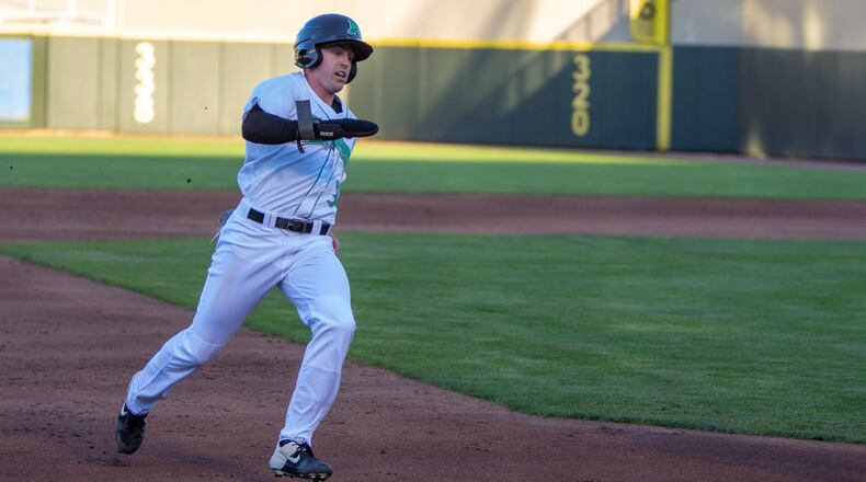 Dayton's Jacob Hurtubise prepares to round third base after advancing from second on a throwing error on a pickoff attempt in the third inning of Wednesday night's game at Day Air Ballpark. Hurtubise was stranded at third. Jeff Gilbert/CONTRIBUTED