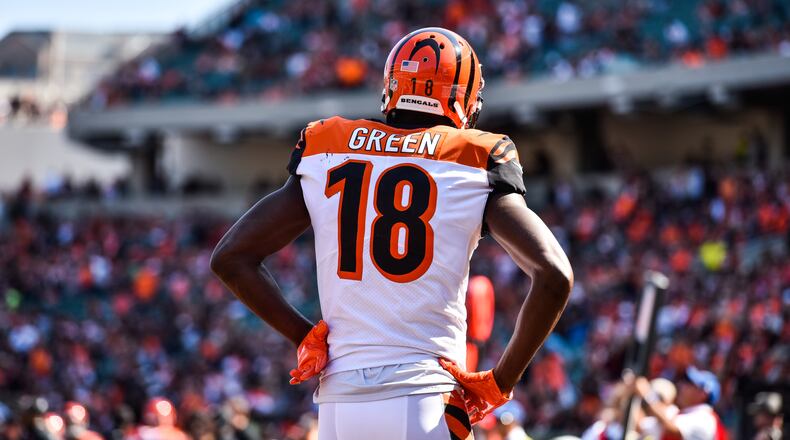 The Cincinnati Bengals wide receiver A.J. Green walks back to the sideline after the ball is thrown away on a fourth-down play during their 20-0 loss to the Baltimore Ravens Sunday, Sept. 10 at Paul Brown Stadium in Cincinnati. NICK GRAHAM/STAFF