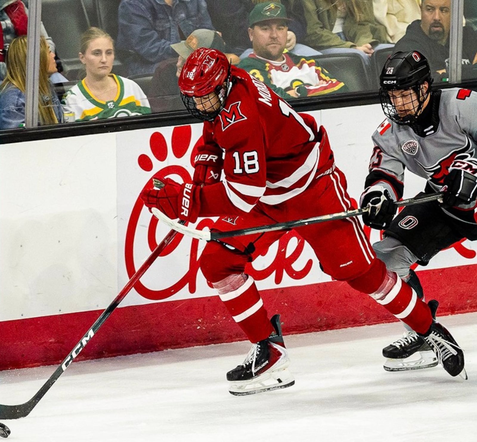 Miami’s Ilia Morozov brings the puck up the ice against Omaha on Saturday night. MIAMI ATHLETICS PHOTO