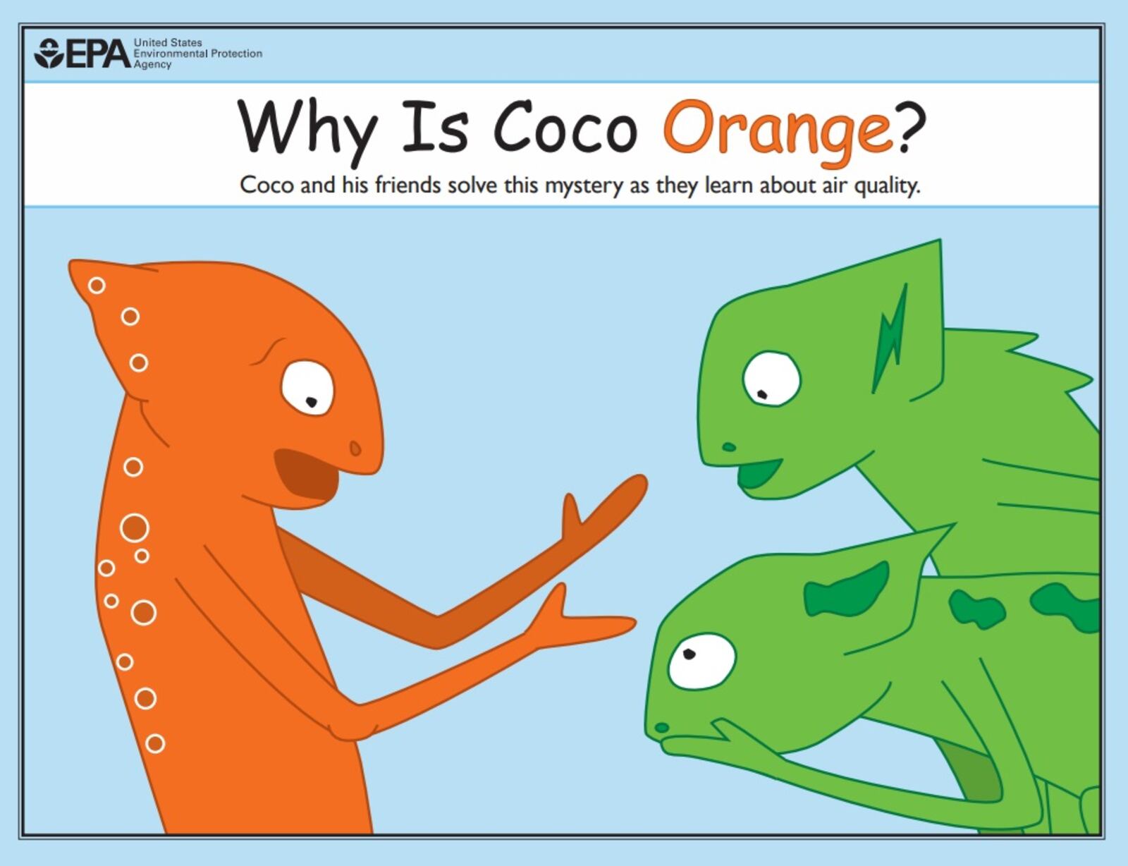 To connect with younger children, health officials will be using a children’s book called “Why is Coco Orange?” to teach children how to manage their asthma, just like the chameleon in the book, whose asthma is acting up due to the air quality. Public Health - Dayton and Montgomery County and the Local Office on Minority Health will be holding two sessions on July 25 to teach children about air quality and asthma. COURTESY OF THE U.S. EPA