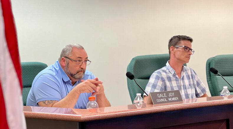 New Lebanon Village Council members Gale Joy, left, and Timothy Back during the Tuesday, May 7, meeting. FILE