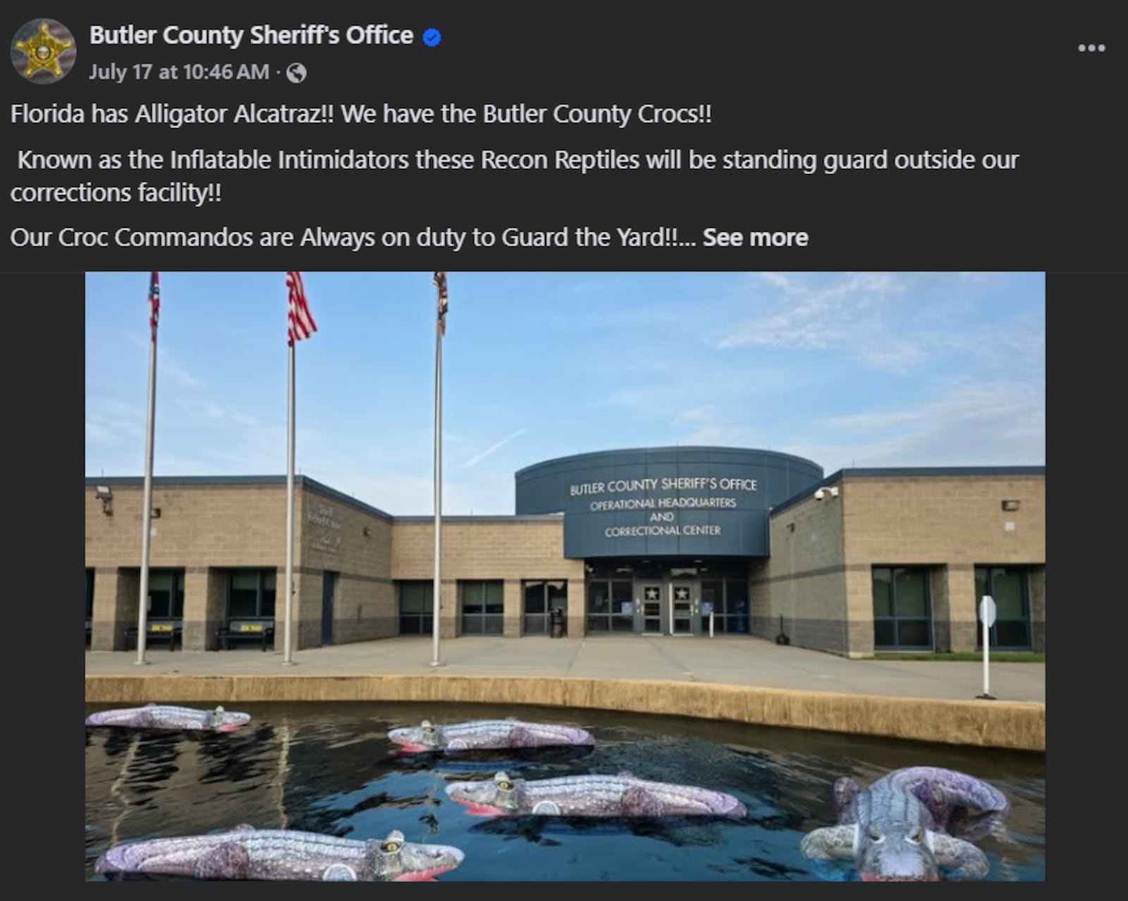 The Butler County Sheriff's Office posted a couple of social media posts on June 17, 2025, that mimicked Florida's Alligator Alcatraz, an immigration detention center that opened in 2025. While supporters of Butler County Sheriff Richard Jones found the posts funny, others, like Black Lives Matter Dayton felt they were racists given the historic context that Black babies were often depicted as "alligator bait" in the 19th and 20th centuries. SCREEN CAPTURES/BUTLER COUNTY SHERIFF'S OFFICE