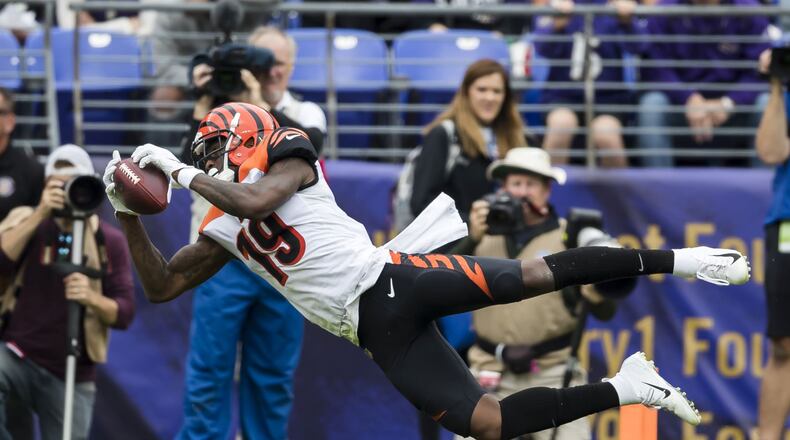 BALTIMORE, MD - OCTOBER 13: Auden Tate #19 of the Cincinnati Bengals makes a diving catch against the Baltimore Ravens during the first half at M&T Bank Stadium on October 13, 2019 in Baltimore, Maryland. (Photo by Scott Taetsch/Getty Images)