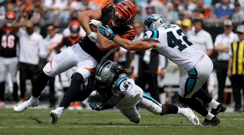 CHARLOTTE, NC - SEPTEMBER 23: Tyler Eifert #85 of the Cincinnati Bengals runs the ball against the Carolina Panthers in the first quarter during their game at Bank of America Stadium on September 23, 2018 in Charlotte, North Carolina. (Photo by Streeter Lecka/Getty Images)