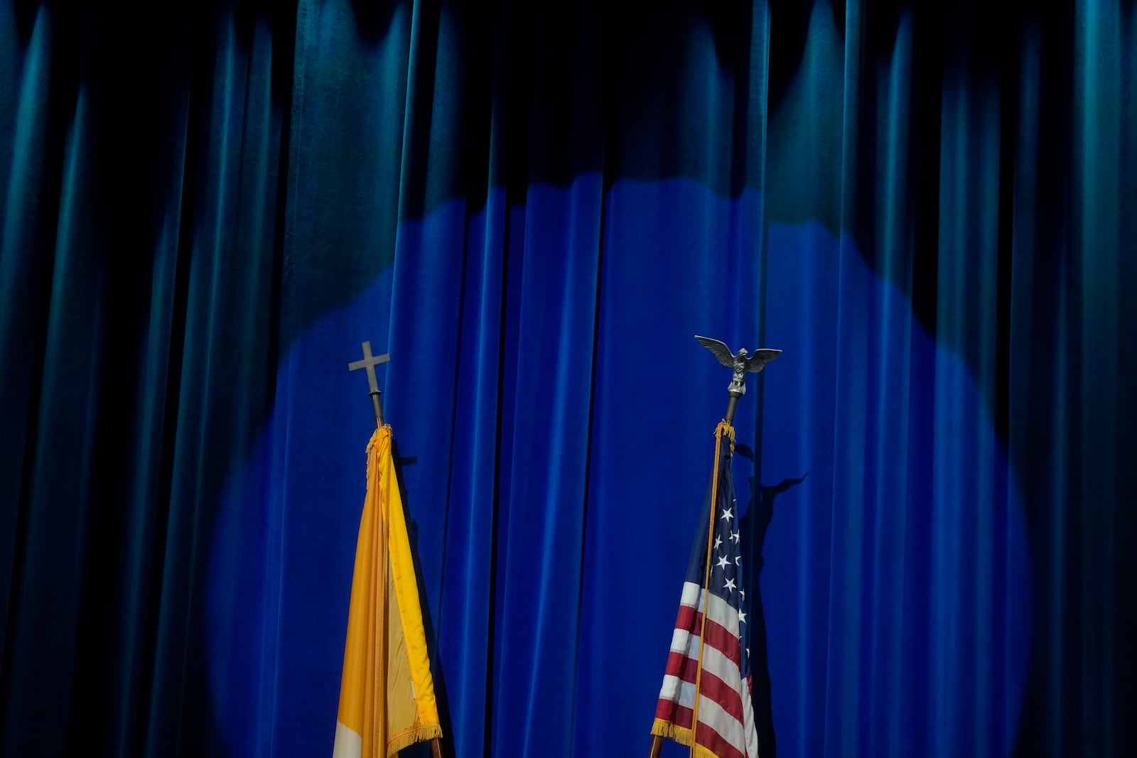 The U.S. and Vatican flags are displayed at the North American College in Rome, Friday, May 9, 2025, for a press conference with U.S. cardinals—one day after U.S. Cardinal Robert Francis Prevost was elected Pope Leo XIV. (AP Photo/Gregorio Borgia)