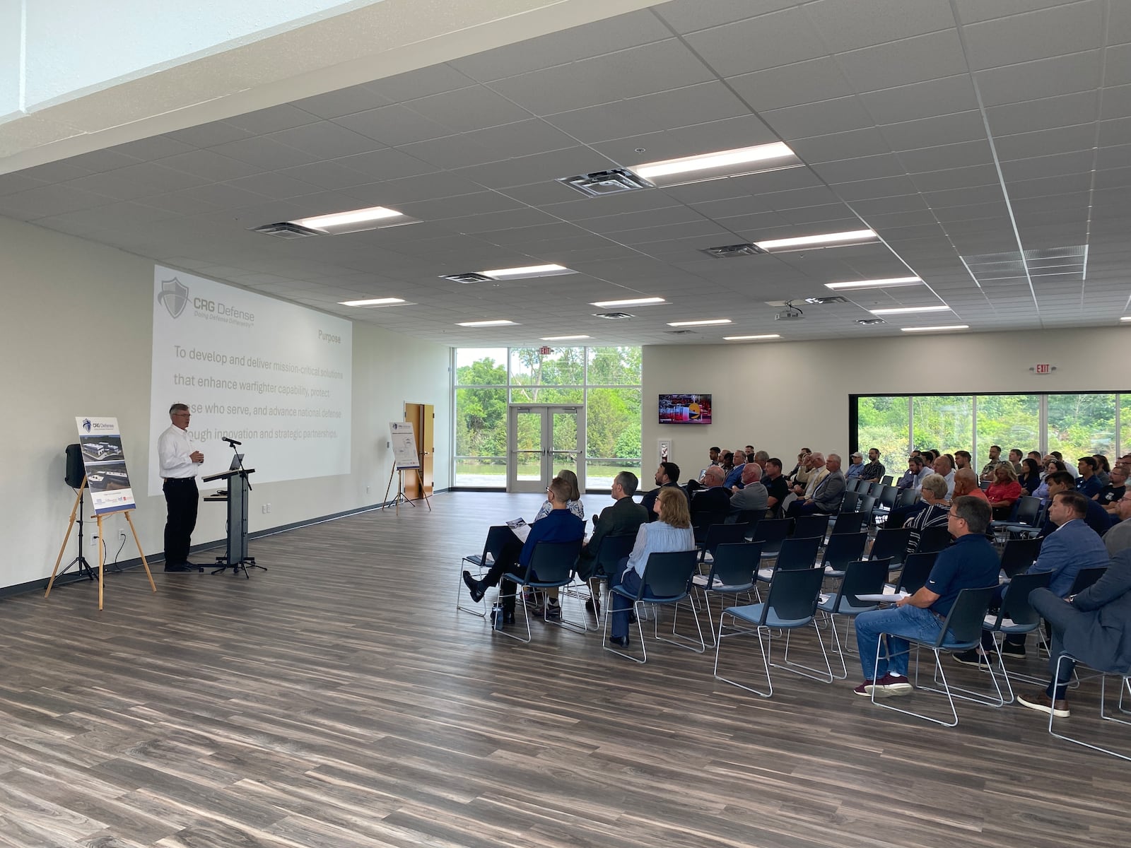 CRG Defense held a ribbon-cutting ceremony for its new 25,763-square-foot headquarters at 8789 Washington Church Road in Miami Twp. on Tuesday, July 15. The two-story facility includes 19,673 square feet of office space and 6,090 square feet of community space, designed to support collaboration and innovation. ERIC SCHWARTZBERG/STAFF