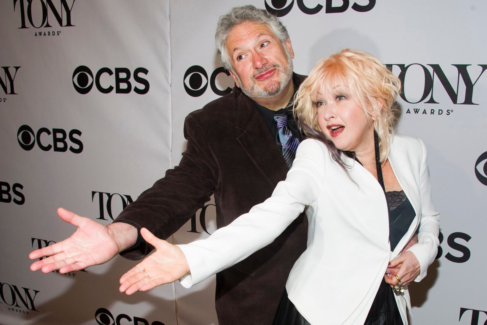 FILE - Harvey Fierstein, left, and Cyndi Lauper, whose "Kinky Boots" musical garnered 13 nominations, appear at the 2013 Tony Awards Meet the Nominees press reception on May 1, 2013 in New York. (Photo by Charles Sykes/Invision/AP, File)
