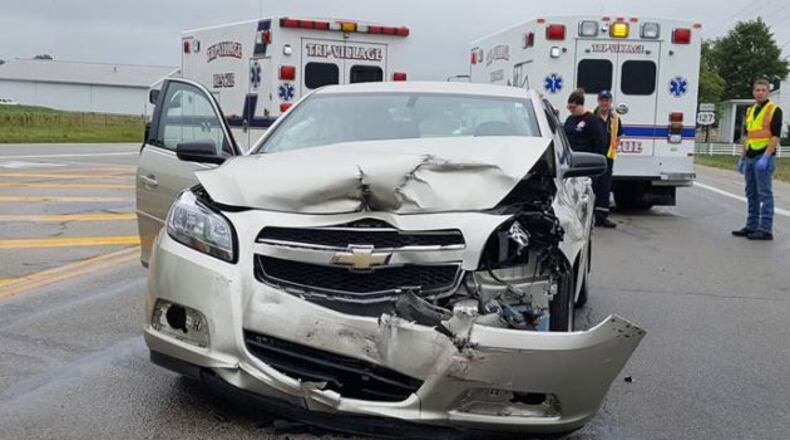A Chevrolet Malibu headed south on U.S. 127 near Greenville on Saturday, Sept. 2, 2017, slammed into the side of a Ford Flex that tried to turn in front of the car.
