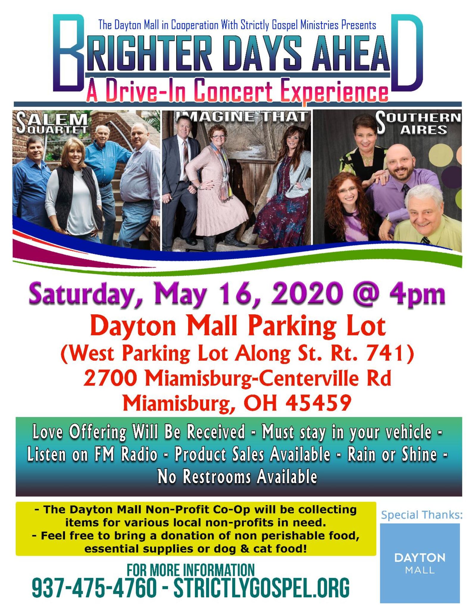 On Saturday, May 16, beginning at 4 p.m., the Dayton will be hosting its very own drive-in concert experience, presented by Strictly Gospel Ministries.