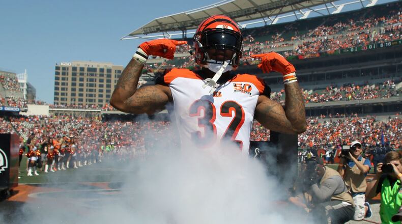 CINCINNATI, OH - SEPTEMBER 10: Jeremy Hill #32 of the Cincinnati Bengals is introduced to the crowd prior to the start of the game against the Baltimore Ravens at Paul Brown Stadium on September 10, 2017 in Cincinnati, Ohio. (Photo by John Grieshop/Getty Images)