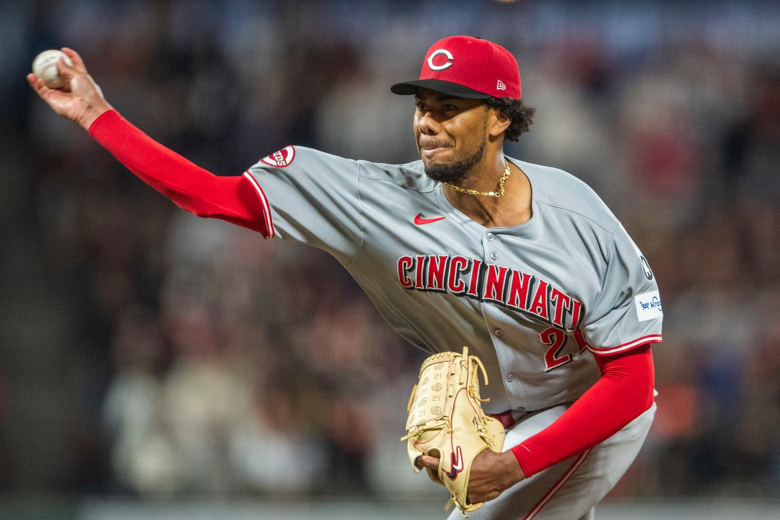 Cincinnati Reds pitcher Hunter Greene throws during the ninth inning of a baseball game against the San Francisco Giants in San Francisco, Monday, April 7, 2025. (AP Photo/Nic Coury)