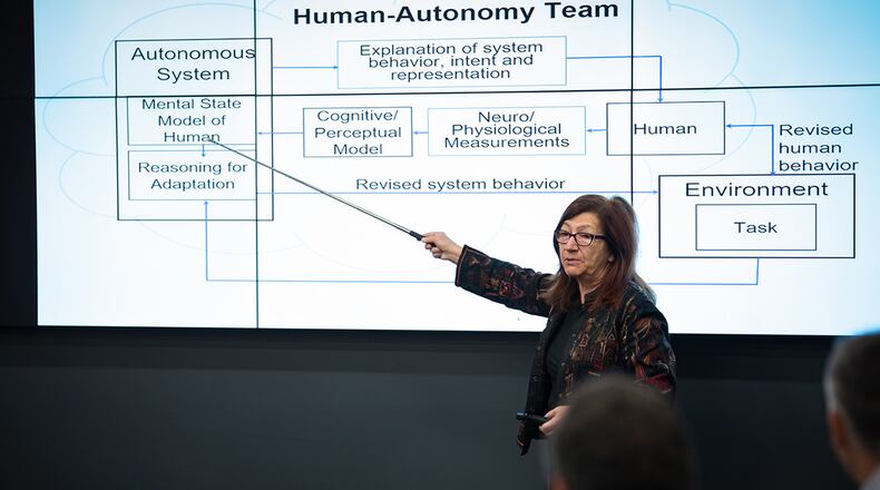 Dr. Katia Sycara, Carnegie Mellon University Advanced Agent-Robotics Technology Laboratory director and research professor, talks with leaders and members of the 711th Human Performance Wing during a Sept. 28 kick-off event to celebrate the new University Center of Excellence at Carnegie Mellon in the research area of trusted human-machine teaming. (U.S Air Force photo/Richard Eldridge)