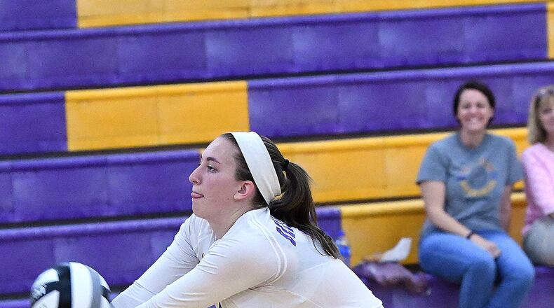 An Eaton High School volleyball player makes a return. Eaton snapped Bellbrook’s 35-game SWBL home winning streak on Thursday, Aug. 29, 2019. NICK FALZERANO / CONTRIBUTED