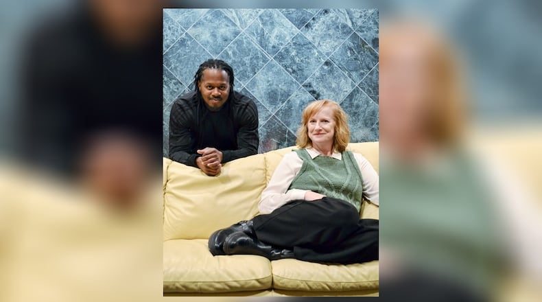 Rico Romalus Parker (Blitzen) and Teri Clark Linden (Dr. Arbor) star in the Human Race Theatre Company's world premiere of "Reindeer Sessions." PHOTO BY THE HUMAN RACE THEATRE COMPANY