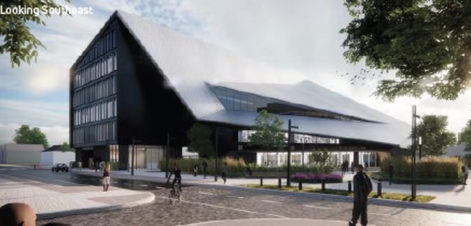 A rendering of the first proposed building for the onMain project on the former Montgomery County Fairgrounds site on South Main Street in Dayton. CONTRIBUTED BY NBBJ