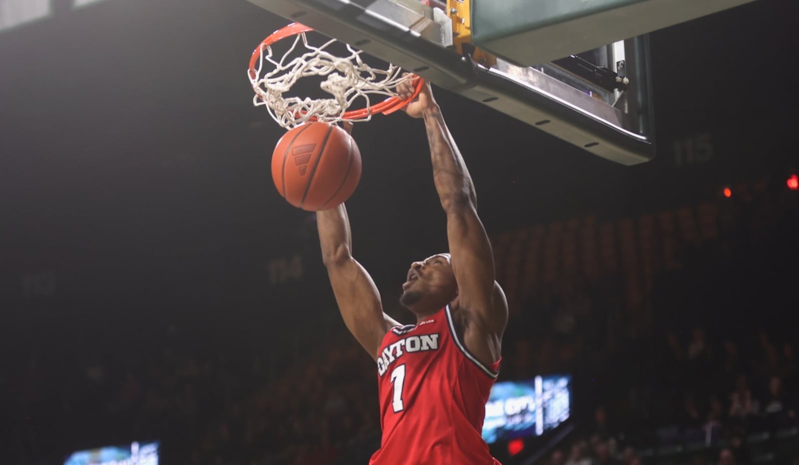 Dayton's Keonte Jones dunks against George Mason on Wednesday, Feb. 18, 2026, at EagleBank Arena in Fairfax, Va. David Jablonski/Staff