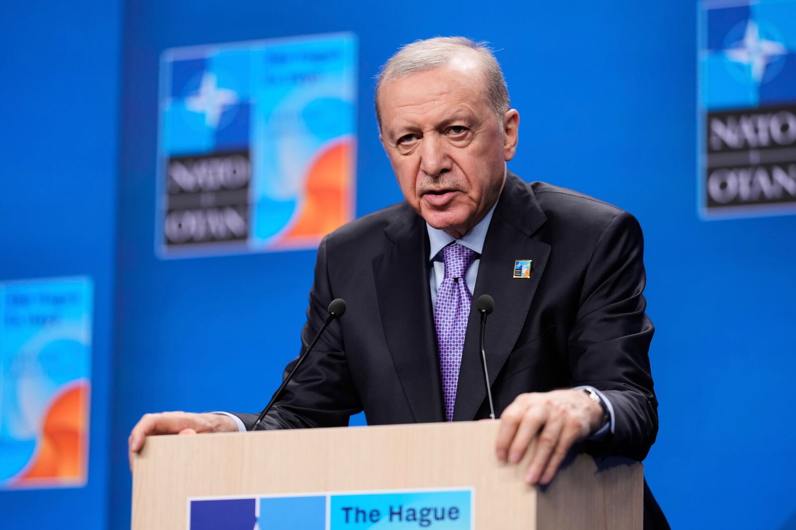 Turkish President Recep Tayyip Erdogan speaks during a media conference at the NATO summit in The Hague, Netherlands, Wednesday, June 25, 2025. (AP Photo/Matthias Schrader)