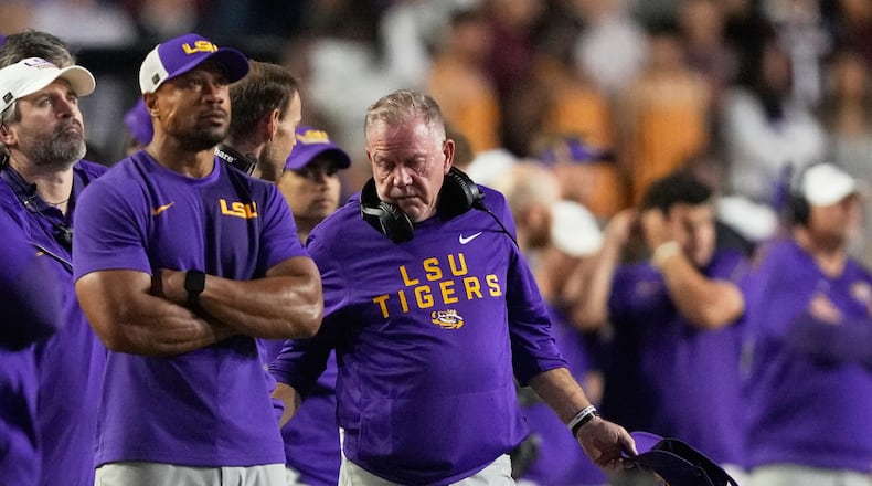 LSU head coach Brian Kelly talks on the sideline in the second half of an NCAA college football game against Texas A&M, Saturday, Oct. 25, 2025 in Baton Rouge, La. (AP Photo/Gerald Herbert)