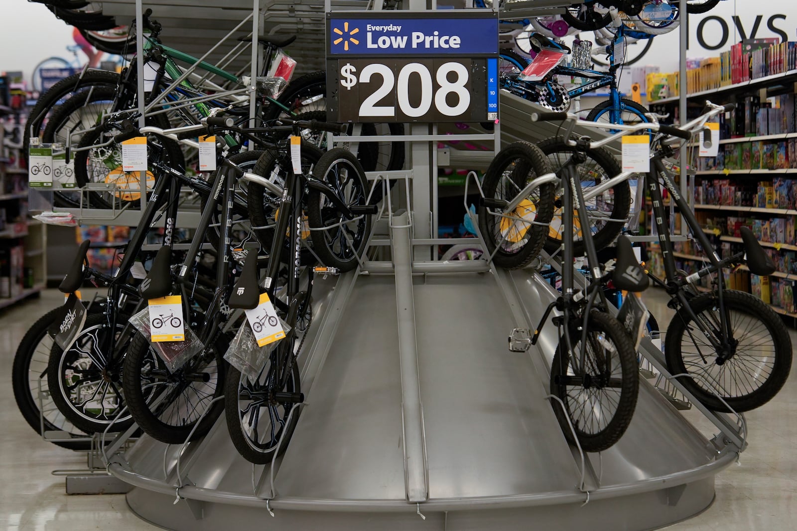 FILE - Bicycles are displayed at a Walmart, Wednesday, April 16, 2025, in Groton, Conn. (AP Photo/Julia Demaree Nikhinson, File)