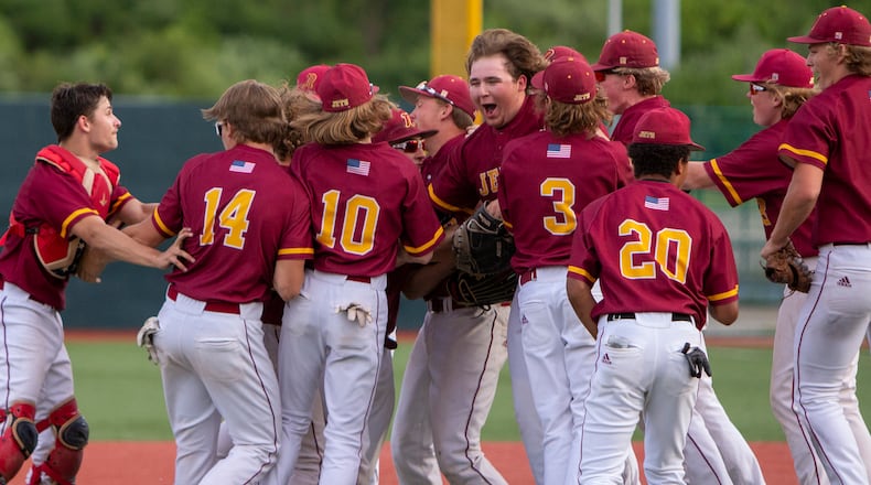 Northeastern celebrates its 6-4 victory over Cincinnati Hills Christian Academy in the Region III semifinals Thursday at Wright State.