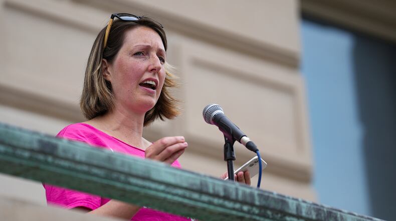FILE - Dr. Caitlin Bernard, a reproductive healthcare provider, speaks during an abortion rights rally, June 25, 2022, at the Indiana Statehouse in Indianapolis. According to a court opinion filed Thursday, Nov. 2, 2023, Indiana's attorney general violated professional conduct rules in statements he made about Bernard, a doctor who performed an abortion on a 10-year-old rape victim from Ohio last year. (Jenna Watson/The Indianapolis Star via AP, File)