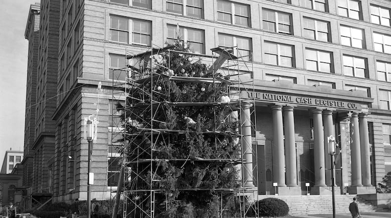 The NCR Christmas tree, seen here in 1948, stood outside NCR World Headquarters — Building 10 on South Main Street — as a tradition for decades. CONTRIBUTED PHOTO