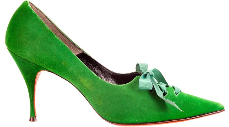 Seymour Weitzman (1910–1965), designer, Mr. Seymour (founded 1950s), maker, Pointed-toe Lace-up Pumps, about 1964, suede and grosgrain ribbon, Stuart Weitzman Collection, no. 269. Photo credit: Glenn Castellano, New-York Historical Society