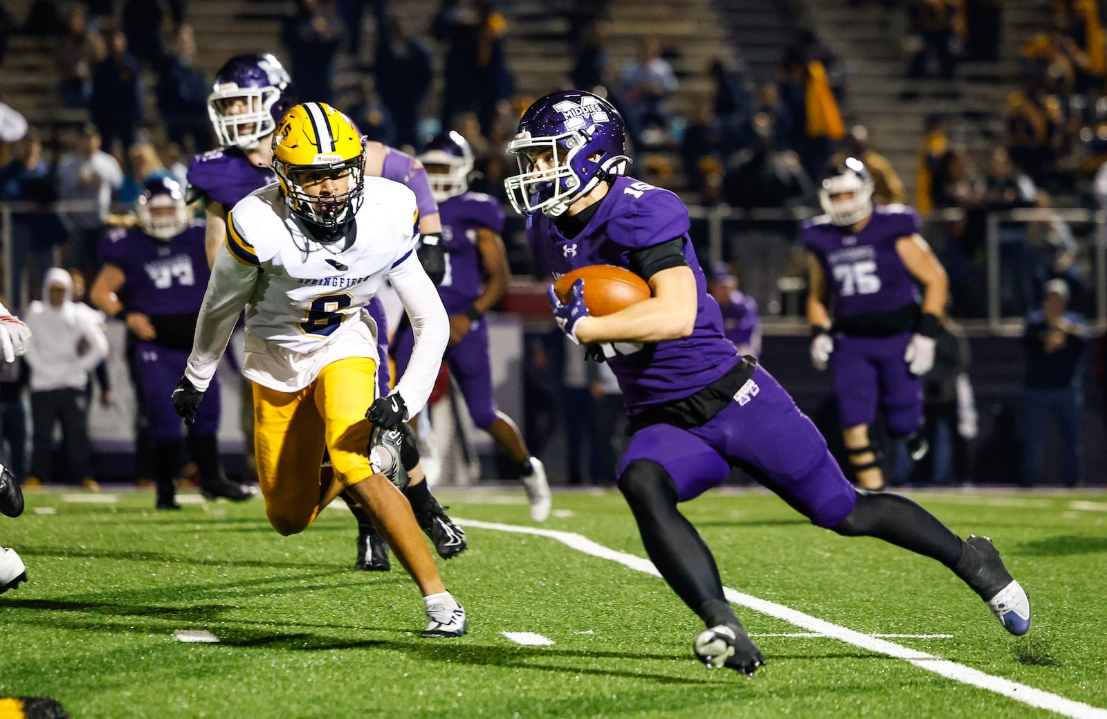 Middletown's Will Gibson carries the ball during a 14-0 victory over Springfield in their Division I, regional semifinal playoff football game Friday, Nov. 14, 2025 at Barnitz Stadium in Middletown. NICK GRAHAM/STAFF