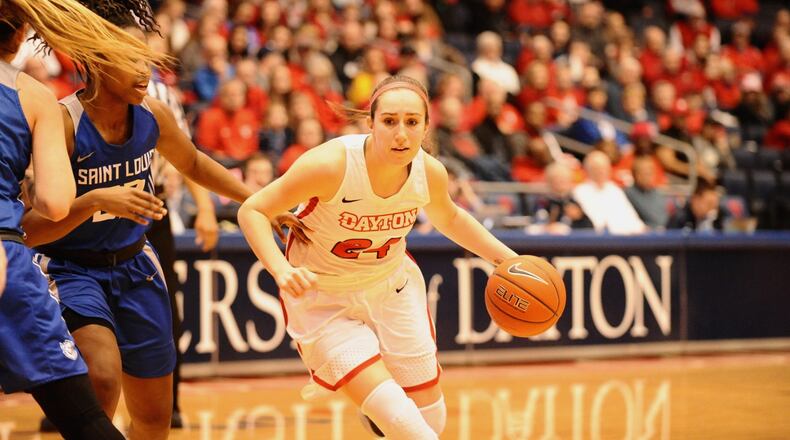 UD senior Lauren Cannatelli scored a game-high 23 points in the Flyers’ 73-57 victory over Saint Louis on Senior Day at UD Arena. Greg Billing / Contributed