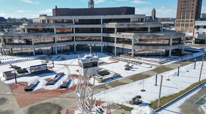 Ohio Department of Public Safety had a surveillance tower up Wednesday, Feb. 11, 2026, at Springfield City Plaza, following numerous bomb threats in Springfield. JOSEPH COOKE VIA DRONE / STAFF