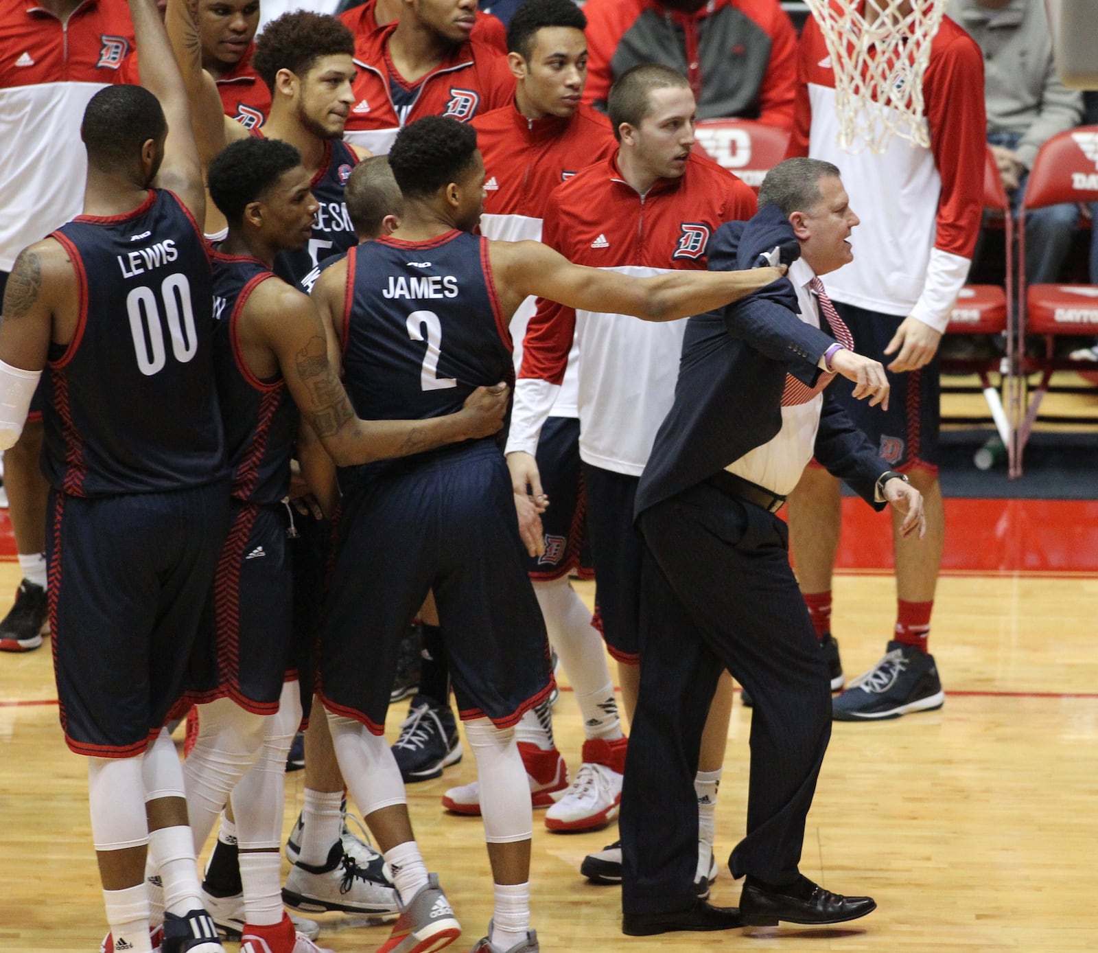 Duquesne coach Jim Ferry reacts after getting a technical foul in the first half against Dayton on Tuesday, Feb. 9, 2016, at UD Arena in Dayton. David Jablonski/Staff