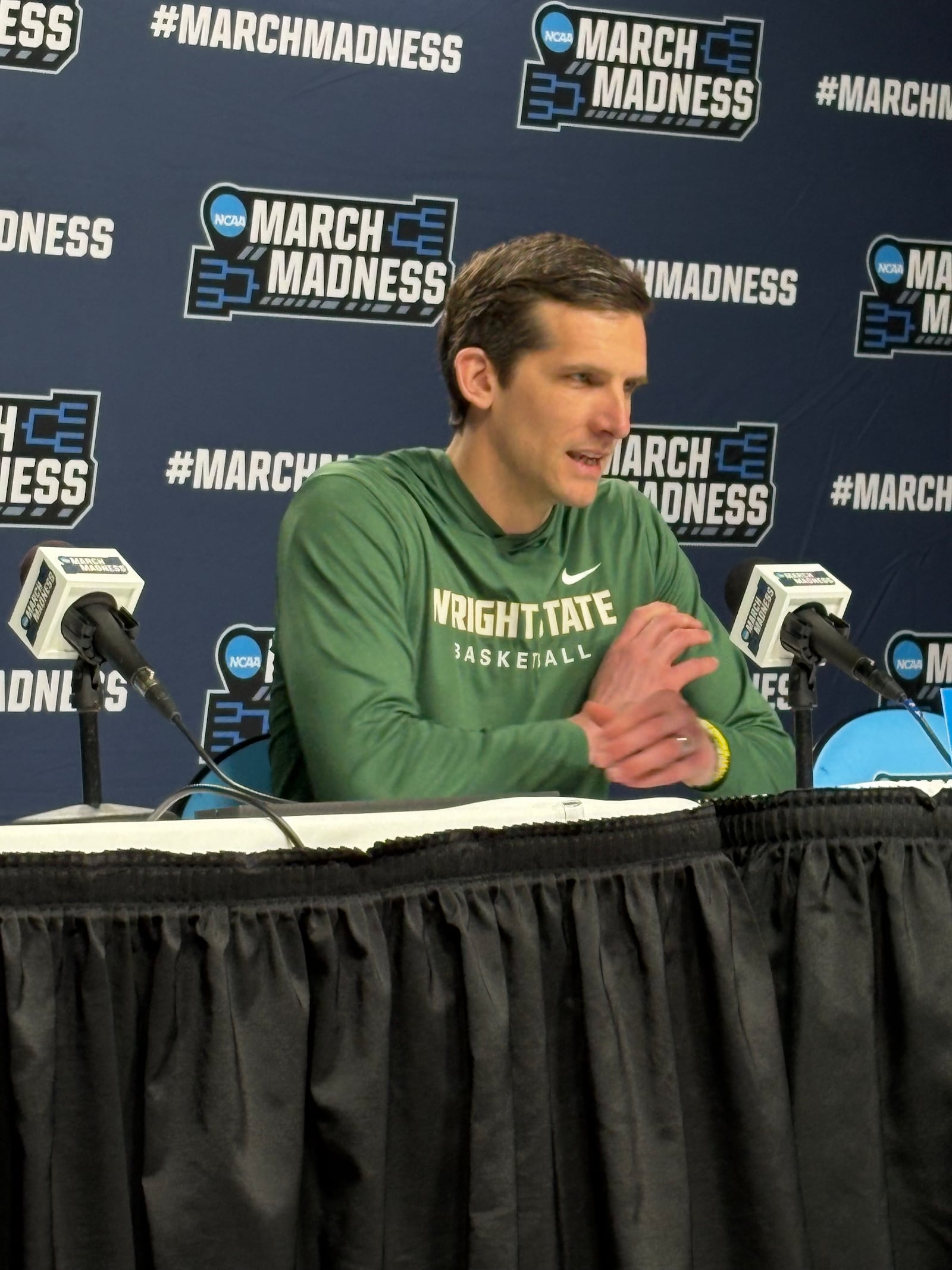 Wright State University head coach Clint Sargent speaks at a press conference on Thursday in Philadelphia. The Raiders will face Virginia in an NCAA First Round game on Friday afternoon. JON MARKS / CONTRIBUTED PHOTO