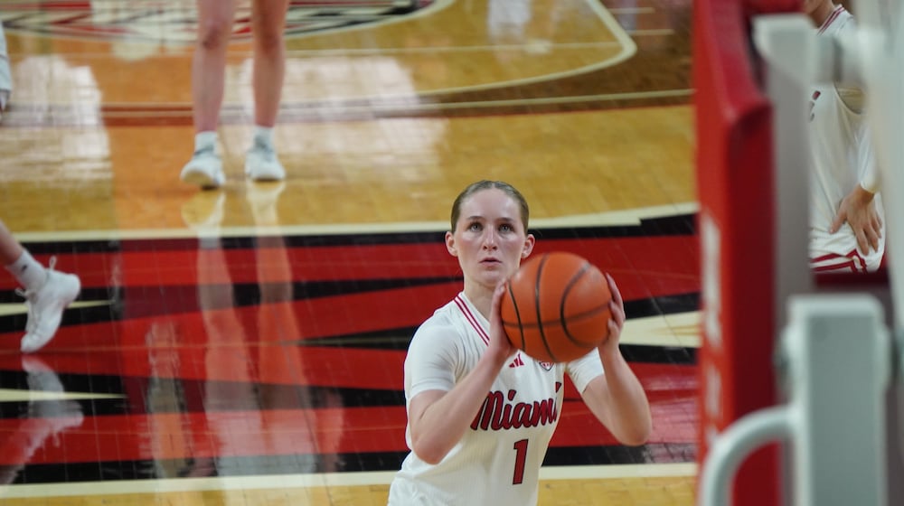 Miami's Amber Scalia eyes a free throw attempt during her game against Central Michigan on Wednesday night at Millett Hall. CHRIS VOGT / CONTRIBUTED