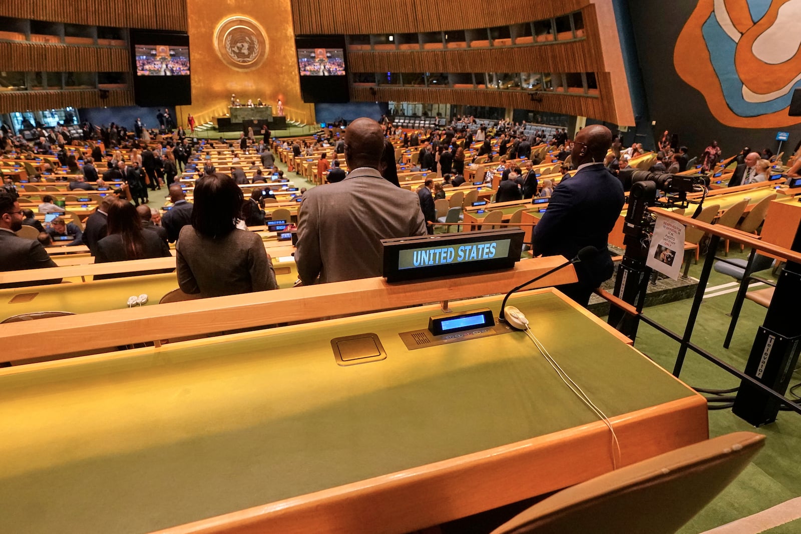 The United States delegation seat is unoccupied in the United Nations General Assembly, Monday, July 28, 2025. (AP Photo/Richard Drew)
