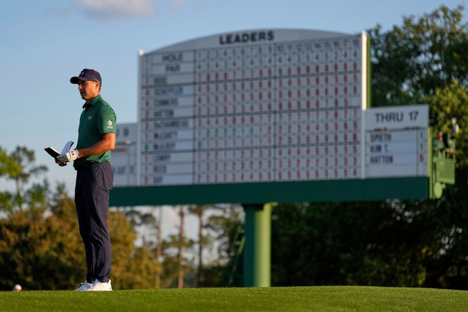 Jordan Spieth waits to play on the 18th hole during the second round at the Masters golf tournament, Friday, April 11, 2025, in Augusta, Ga. (AP Photo/Ashley Landis)