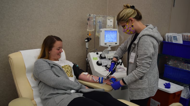 ER nurse Lindsey Hayko recovered from the coronavirus and donated her plasma at the Community Blood Center in Dayton to help other patients with COVID-19. CONTRIBUTED