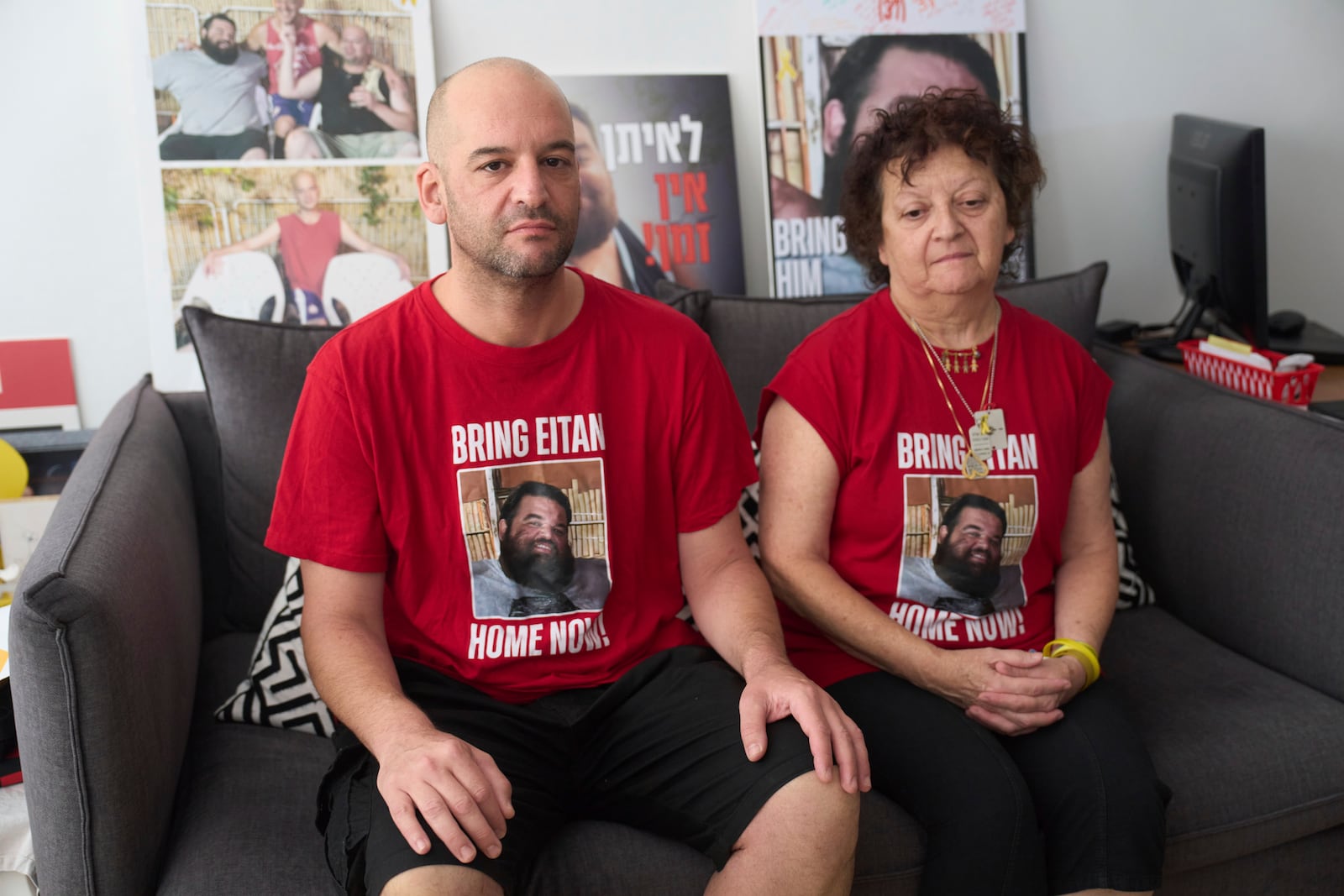 Freed Israeli hostage Iair Horn and his mother, Ruty Chmiel Strum, pose for a photograph in Kfar Saba, Israel, on Sunday, July 27, 2025. (AP Photo/Ariel Schalit)