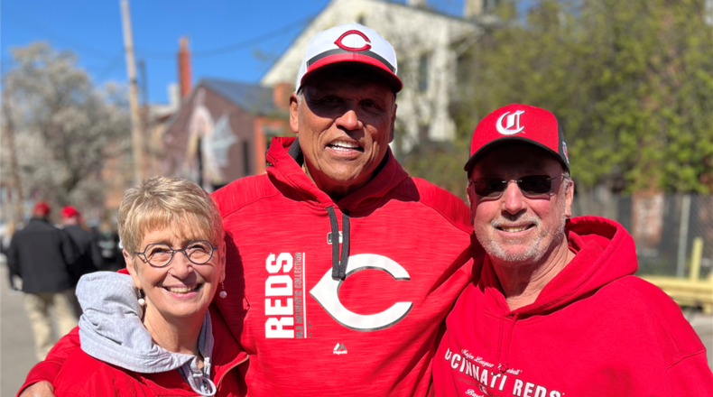 Kim Nuxhall (right) is pictured with his wife Bonnie and Anthony Muñoz (center). Muñoz, who started his foundation in 2002, will honor Kim Nuxhall with the Jim and Cheryl Semon Impact Award in June for his work in the community with the Nuxhall Foundation. PROVIDED