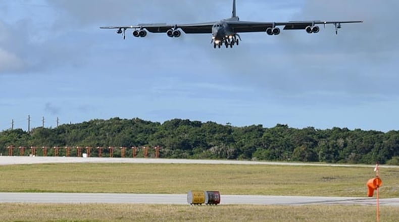 A B-52 Stratofortress assigned to Barksdale Air Force Base, La., arrives at Andersen Air Force Base, Guam, in support of a Bomber Task Force deployment, Jan. 26. The aircraft, from the 96th Bomb Squadron at Barksdale AFB, La., deployed in support of Pacific Air Forces’ training efforts with allies, partners and joint forces. U.S. AIR FORCE PHOTO/1ST LT. DENISE C. GUIAO-CORPUZ