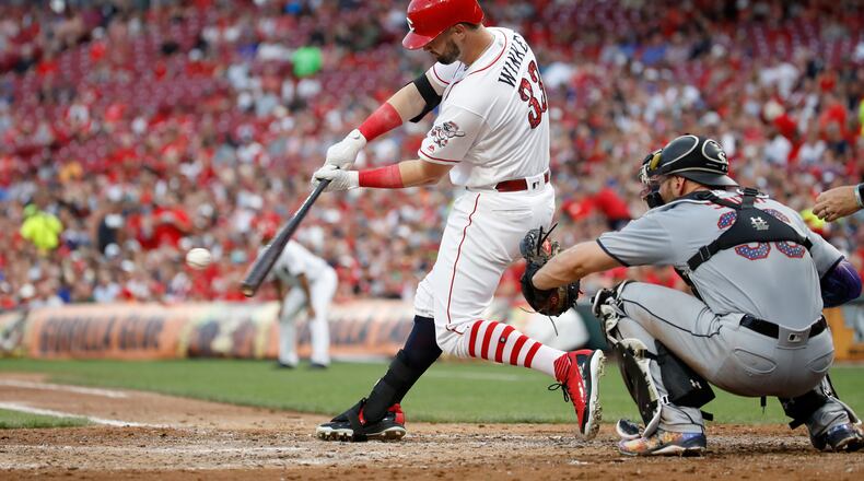 CINCINNATI, OH - JULY 04: Jesse Winker #33 of the Cincinnati Reds hits a two-run single in the fourth inning against the Chicago White Sox at Great American Ball Park on July 4, 2018 in Cincinnati, Ohio. (Photo by Andy Lyons/Getty Images)