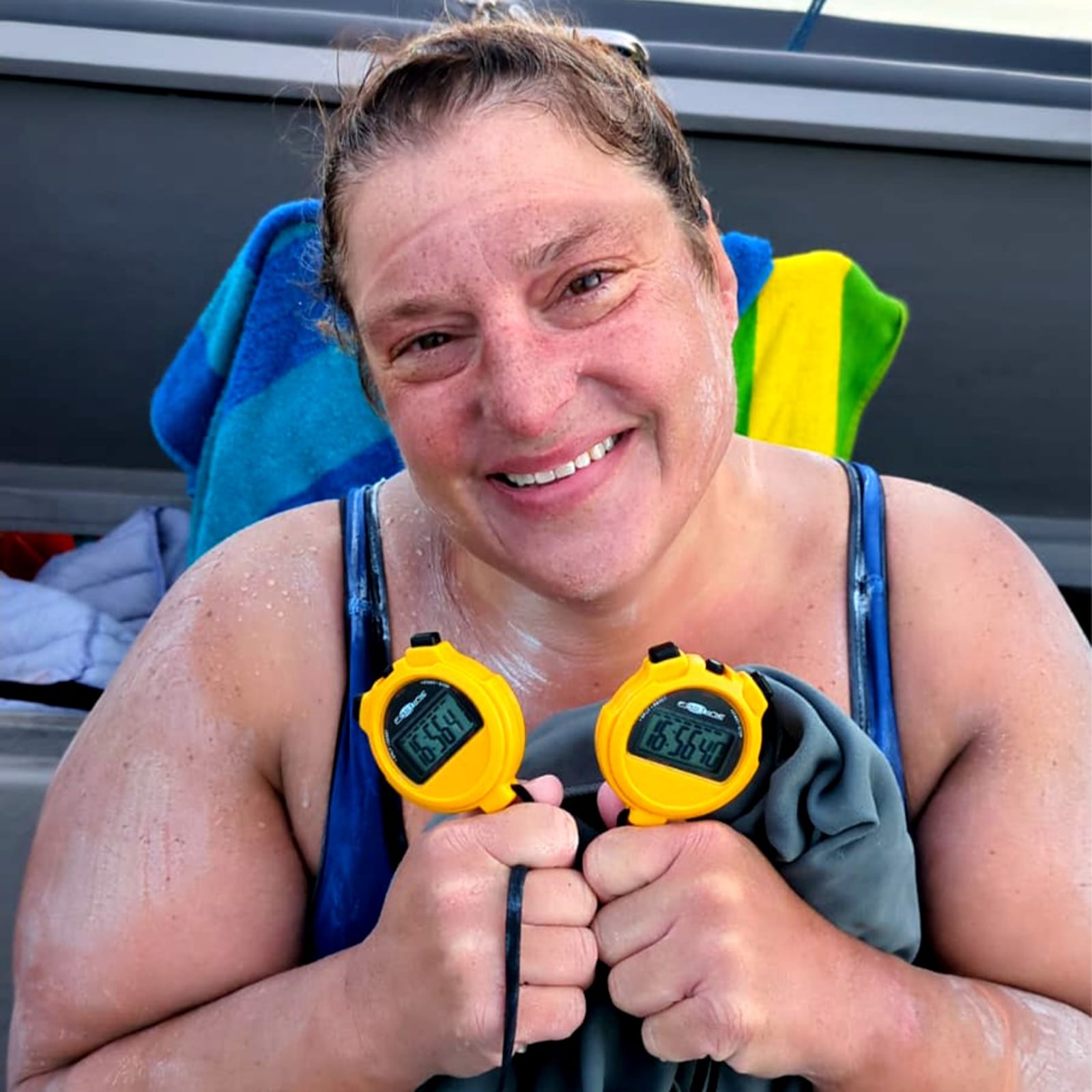 Amy Wamsley, of Yellow Springs, pictured after her English Channel swim, with a time of 16 horus, 56 minutes and 40 seconds. CONTRIBUTED