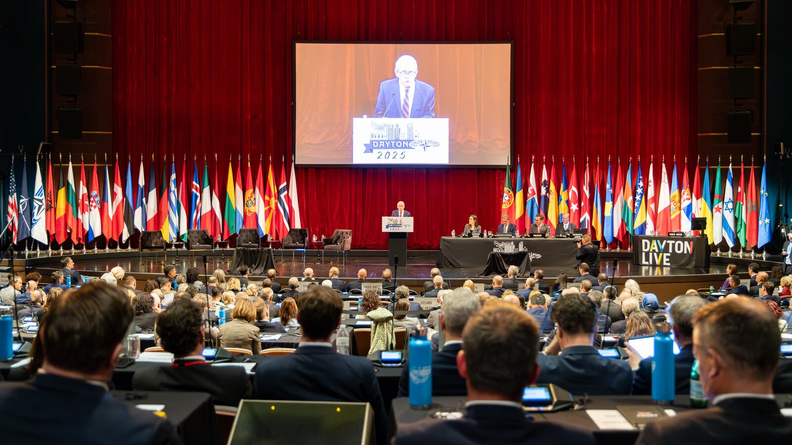 Gov. Mike DeWine speaks peaks during the opening ceremony of the NATO Parliamentary Assembly on Friday at Schuster Center. BRYANT BILLING / STAFF