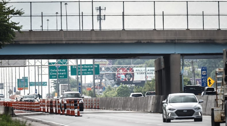 A construction worker was struck and killed Thursday morning, July 20, 2023, on U.S. 35 West near the Woodman Drive overpass in Riverside. JIM NOELKER/STAFF