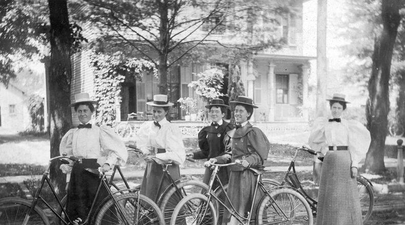 Katharine Wright, Wilbur and Orville Wright's sister, with a group of friends on a bicycle outing in Oberlin, Ohio in 1896. From left to right are Harriet Silliman, Cora Dell Woodford, Margaret Goodwin, Katharine Wright, and Mella Silliman. COURTESY OF SPECIAL COLLECTIONS AND ARCHIVES, WRIGHT STATE UNIVERSITY