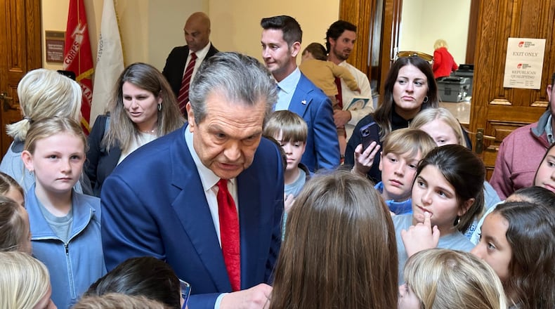 Republican Rick Jackson speaks to schoolchildren after qualifying to run for governor on Friday, March 6, 2026, at the Georgia Capitol in Atlanta (AP Photo/Jeff Amy)